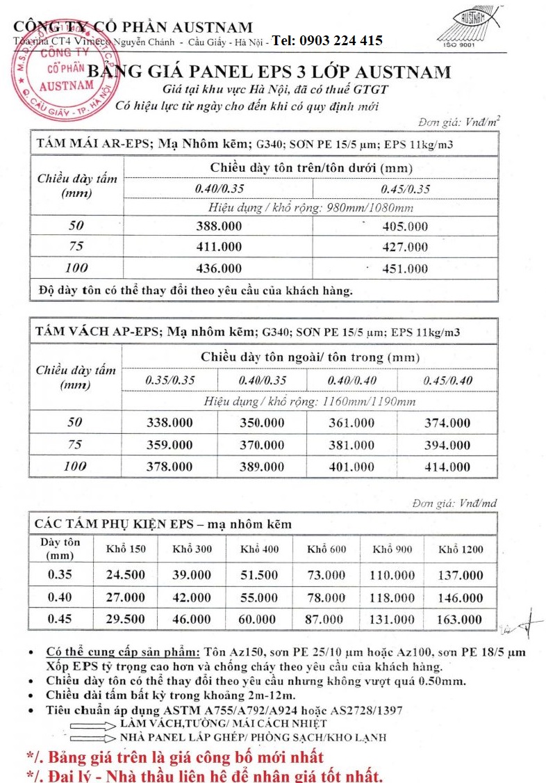 Bảng báo giá Panel EPS 3 lớp Austnam - Công ty Cổ phần Austnam