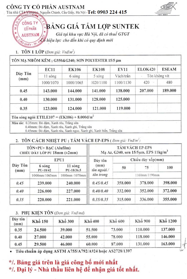 Bảng báo giá Tôn Suntek - Công ty Cổ phần Austnam